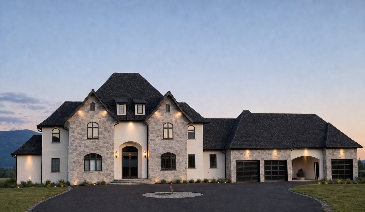 Stone and stucco custom home on Adams Road drafted by Rexford