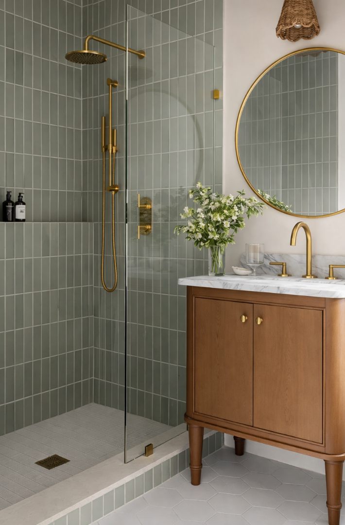 Bathroom with sage green tile, brass fixtures, and oak vanity
