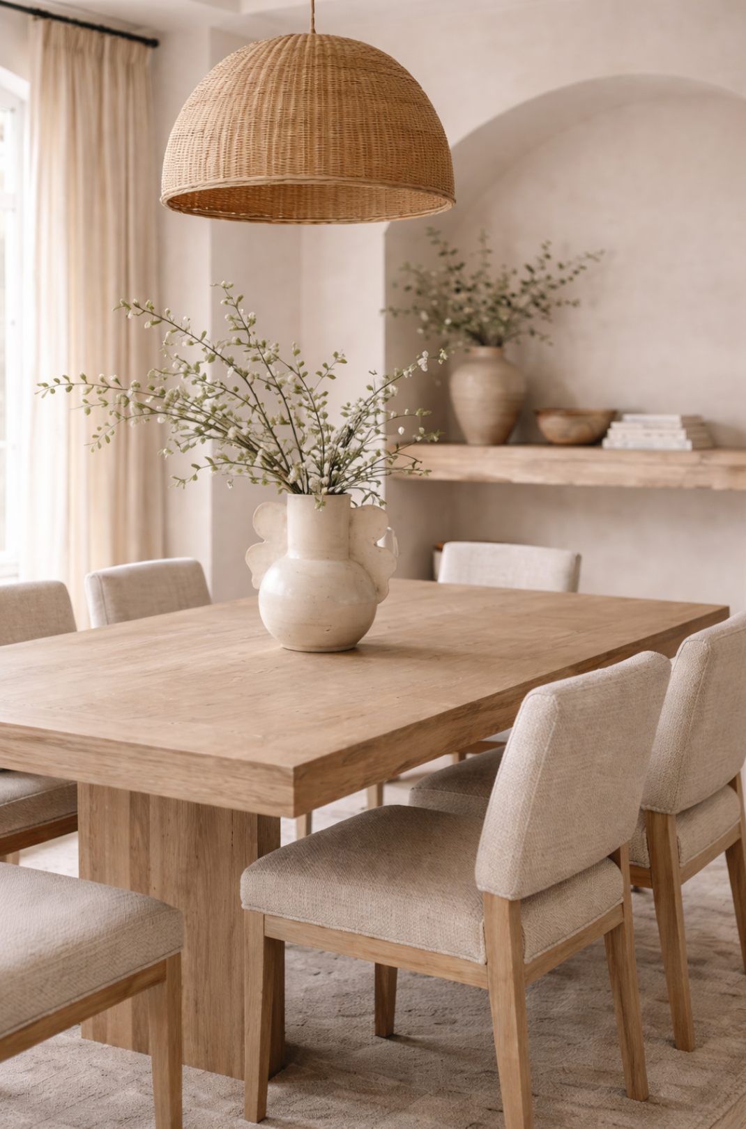 Dining room with oak table and wicker pendant
