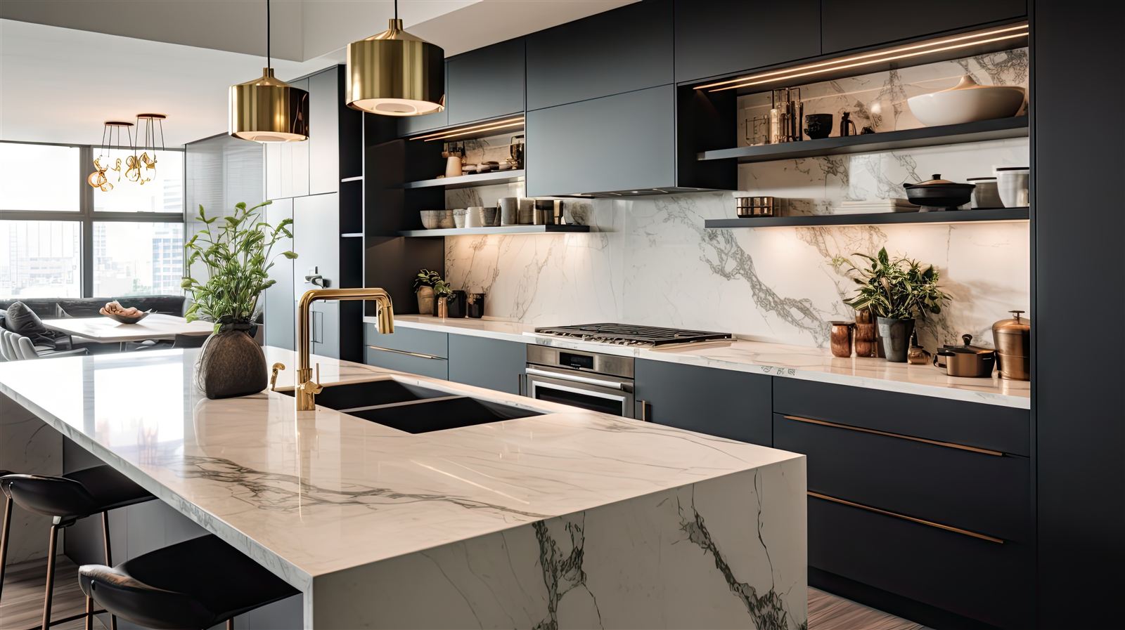 Navy kitchen with marble backsplash designed by Rexford
