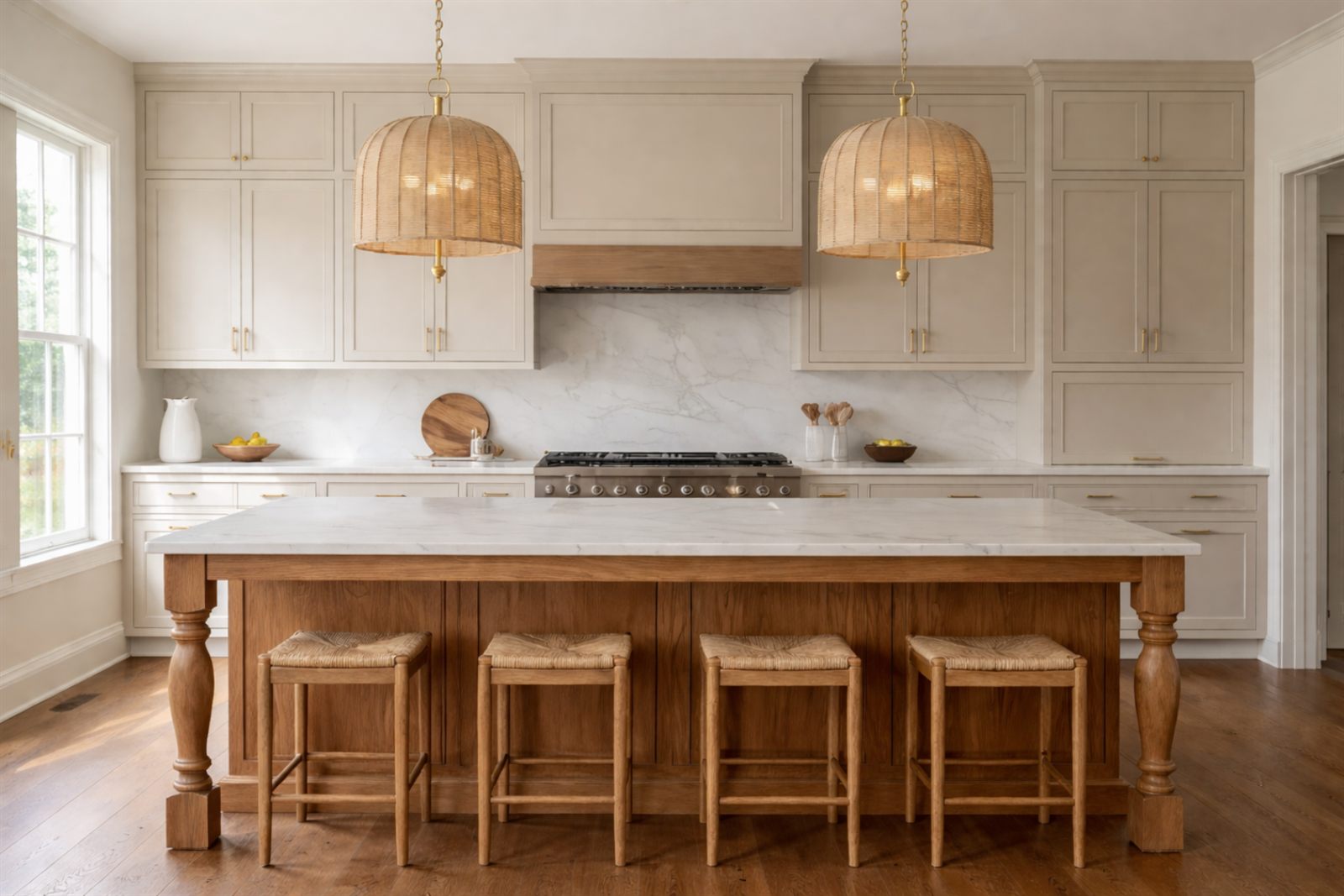 Cream kitchen with oak island, marble counters, and rattan pendant lights
