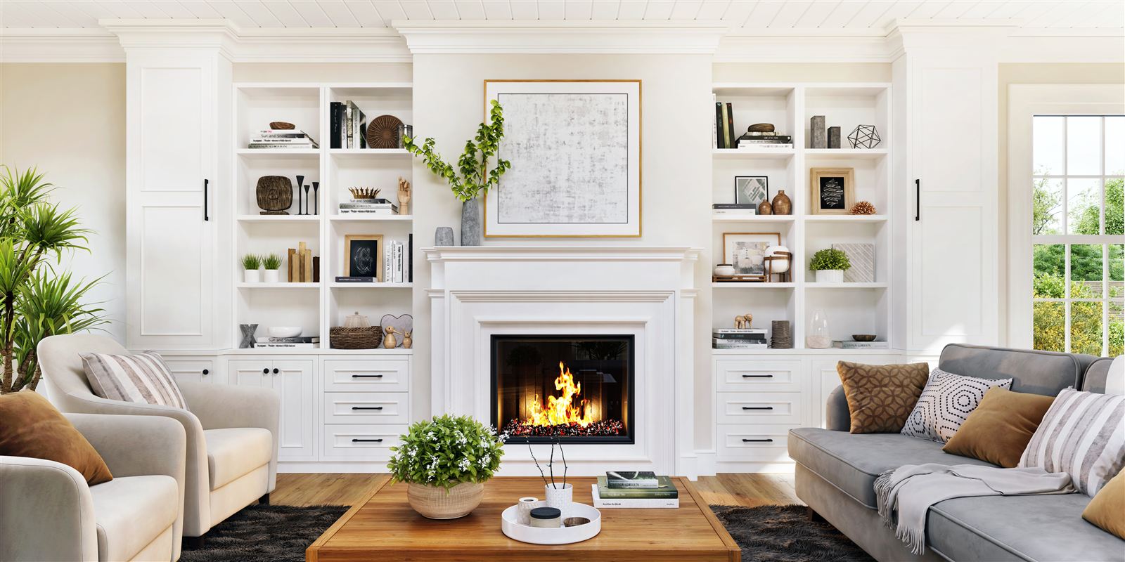 Living room with custom built-in millwork