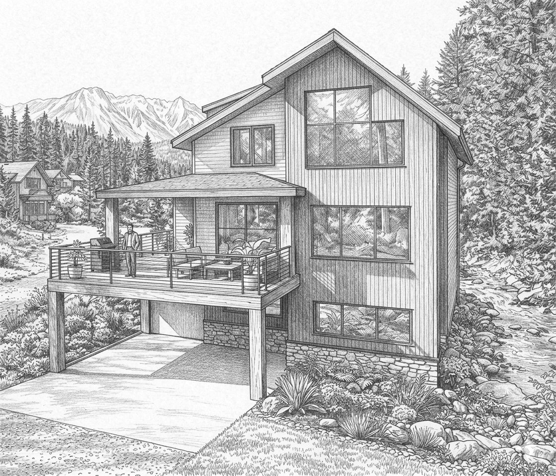 Facade study, Cabin Creek Residence, Jasper